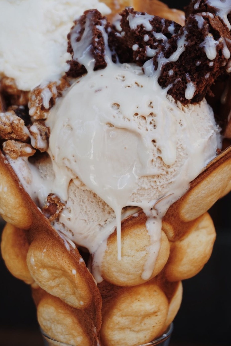 IceCream Recipe - Homemade Vanilla Ice Cream with Walnuts, Brownies on a Bubble Waffle Cone